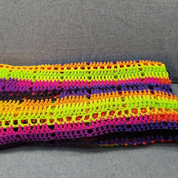 Handmade Neon Crochet Blanket Throw Vibrant Striped Pattern Multi-Color Soft Lig - Picture 1 of 8